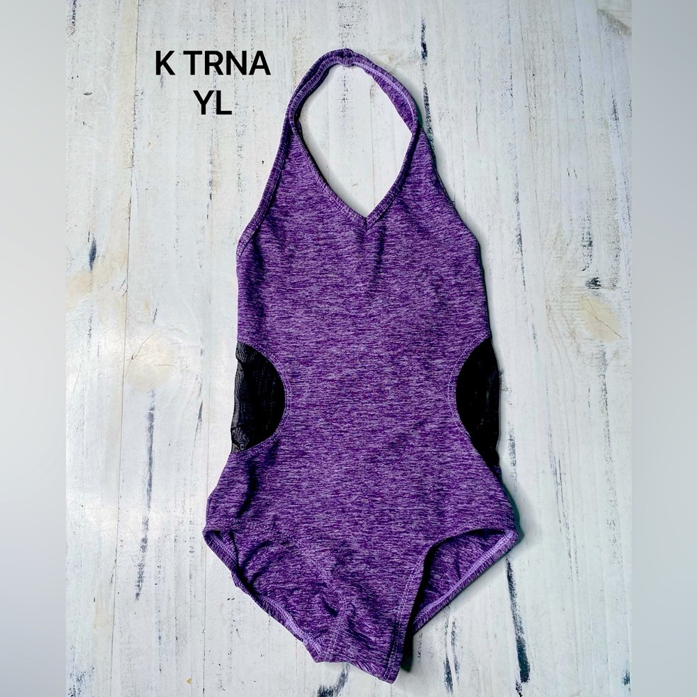Ktrna purple and black halter leotard